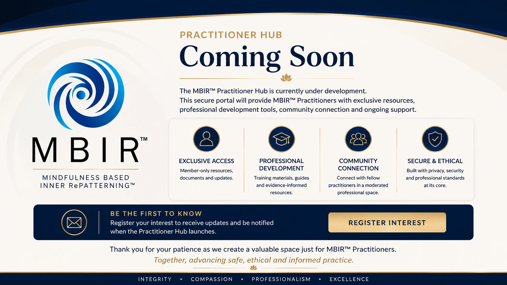 MBIR™ Practitioner Hub coming soon graphic with register interest call to action.
