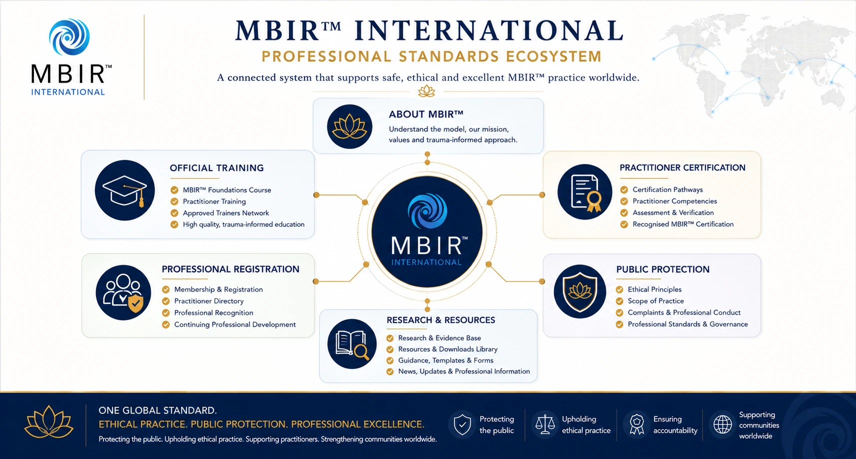 Diagram showing how MBIR™ International integrates governance, professional standards, certification, research and public protection.