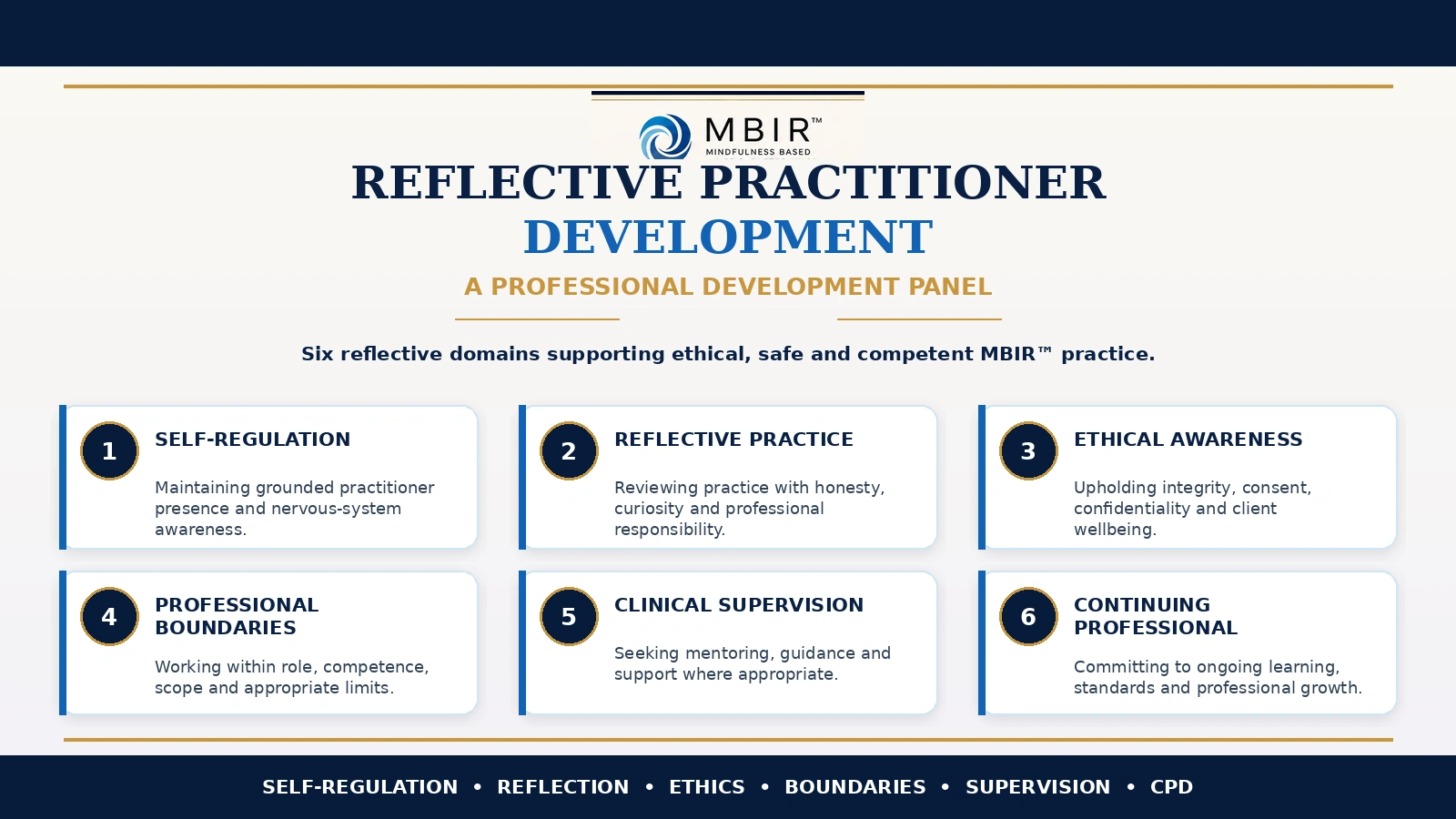MBIR™ reflective practitioner development panel showing self-regulation, reflective practice, ethical awareness, professional boundaries, clinical supervision and continuing professional development.