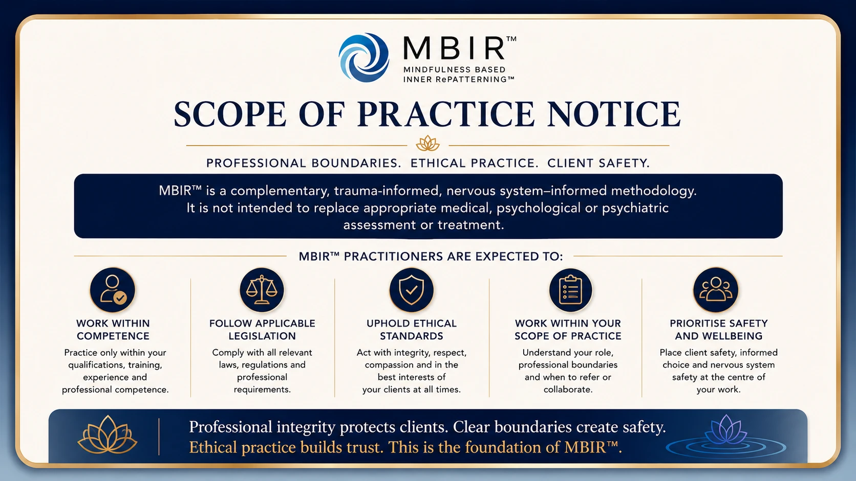 MBIR™ scope of practice notice summarising professional boundaries, ethical practice and client safety responsibilities.