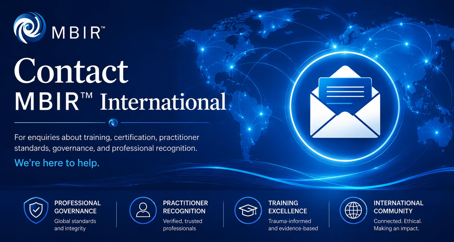 Contact MBIR International hero banner for training, certification, practitioner standards, governance and professional recognition enquiries.