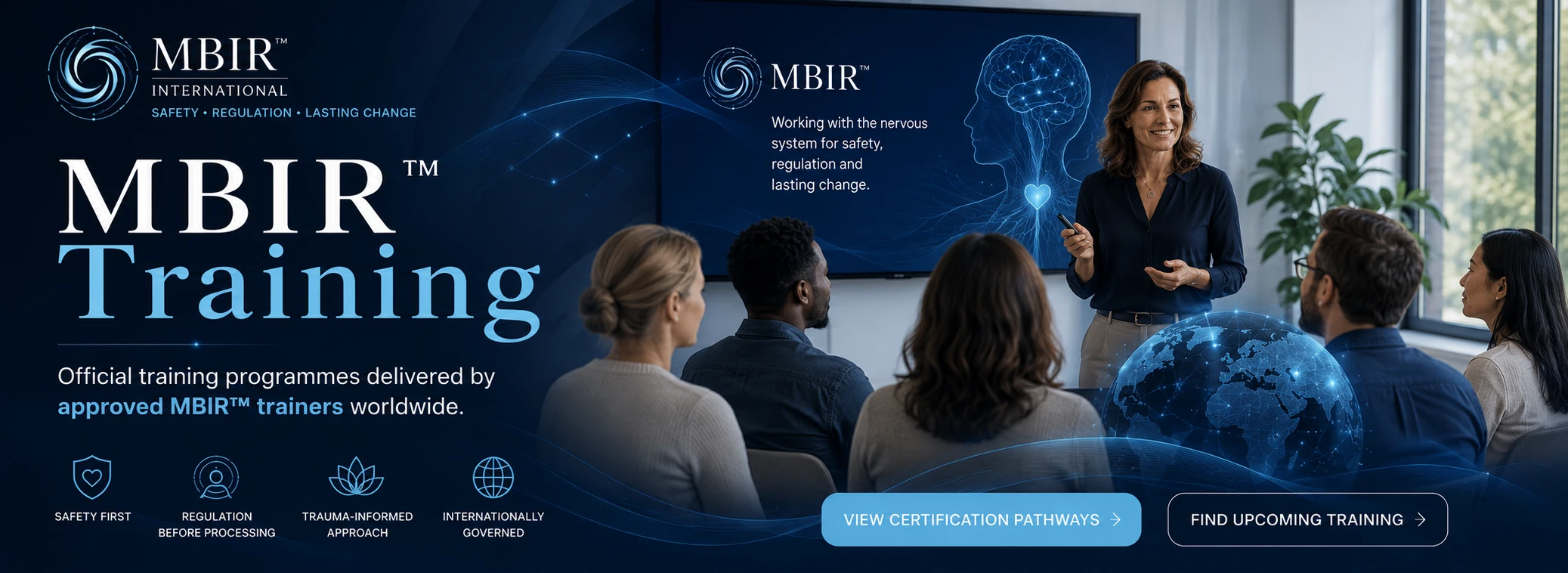 MBIR™ Training hero graphic introducing internationally governed professional education, with links to certification pathways and upcoming training.