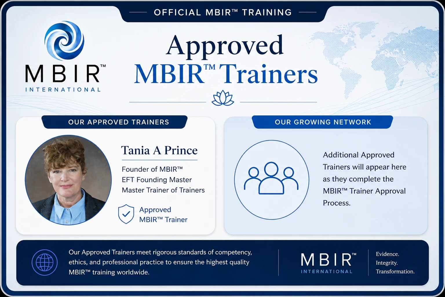 Approved MBIR™ Trainers graphic featuring founder Tania A Prince and the developing international network of approved trainers.