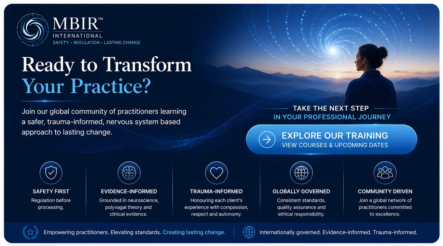 MBIR™ Training call-to-action graphic inviting practitioners to explore certification pathways and approved training opportunities.