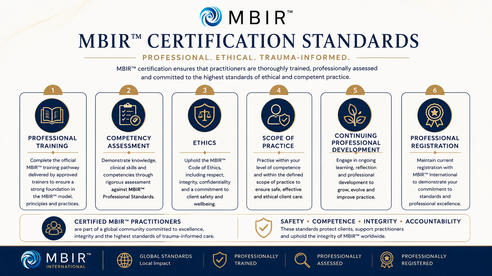 MBIR™ certification standards panel showing professional standards, ethical practice, assessment, scope of practice and continuing professional development.