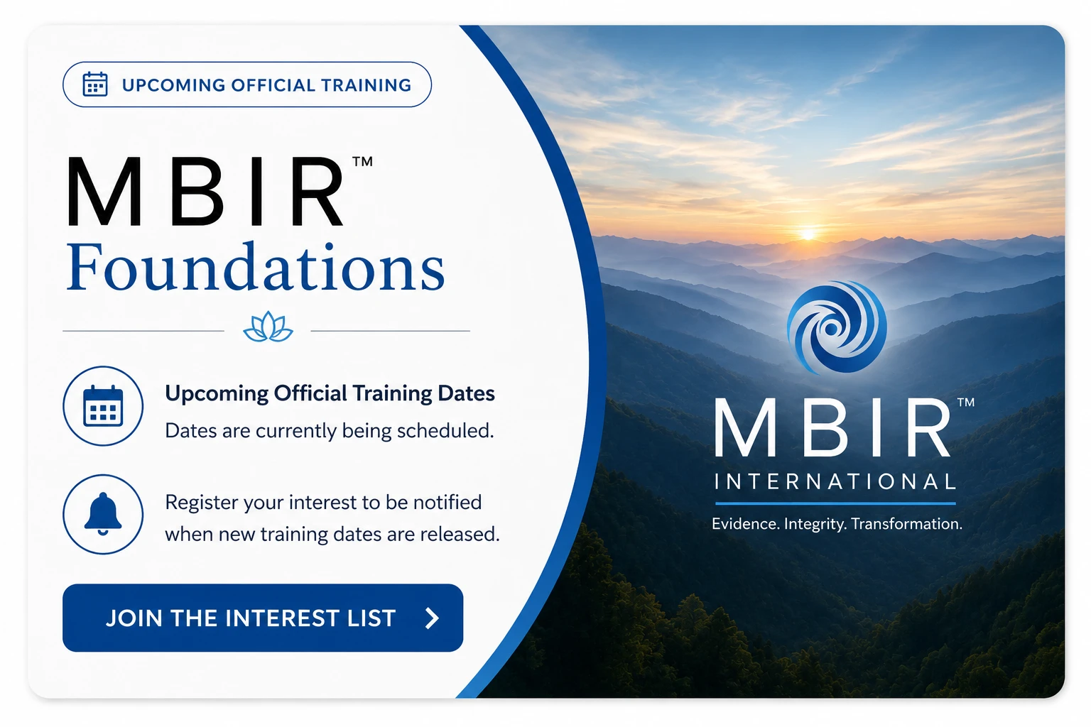 MBIR™ Foundations infographic outlining two live training days, introductory nervous system education and core learning outcomes.