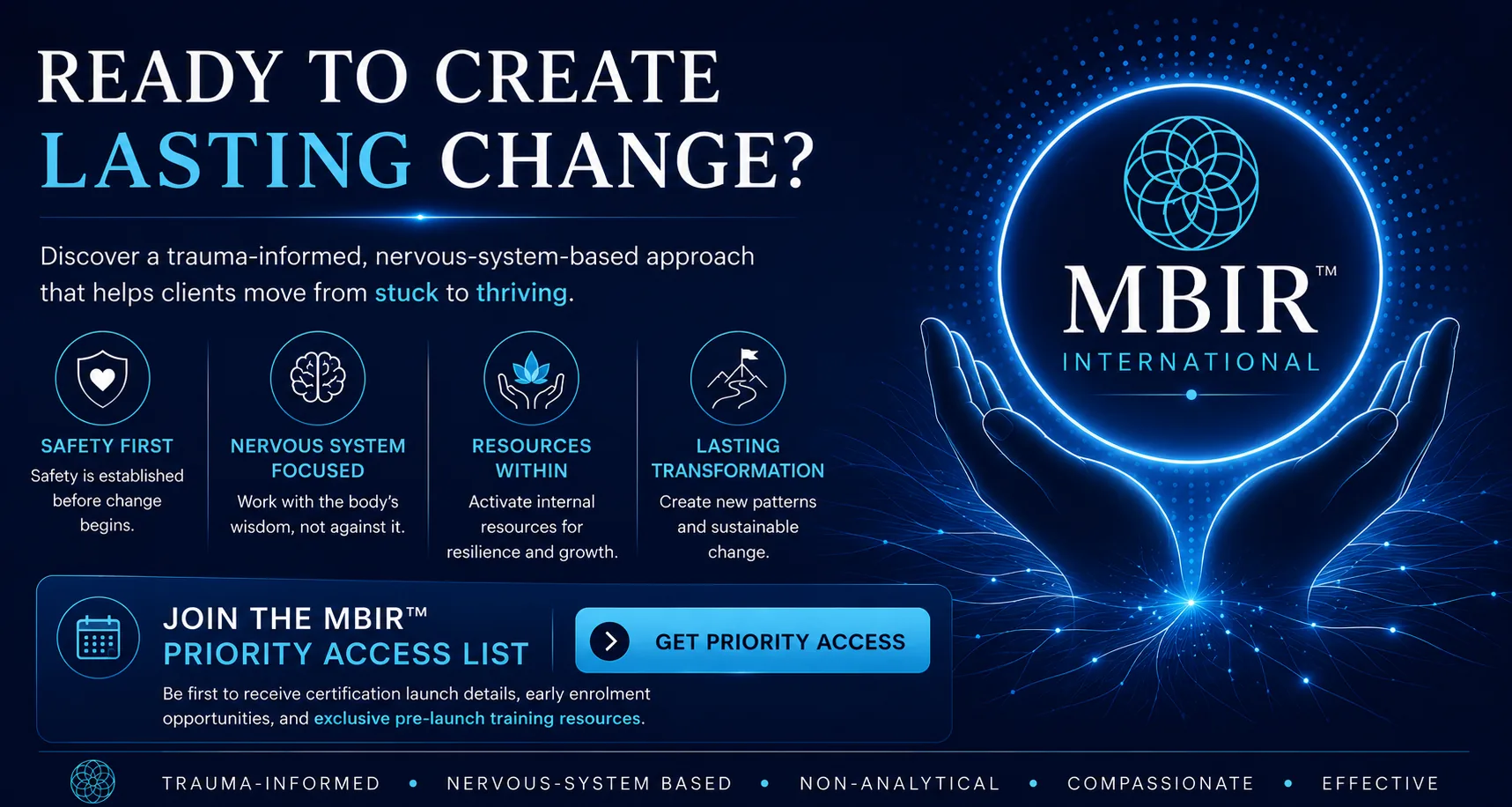 MBIR International CTA banner inviting practitioners to join the MBIR Priority Access List for certification launch details.