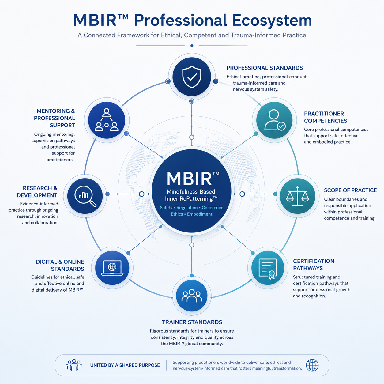 MBIR Professional Ecosystem framework diagram showing interconnected standards, competencies, certification pathways, scope of practice, trainer standards, mentoring, research, and digital standards.