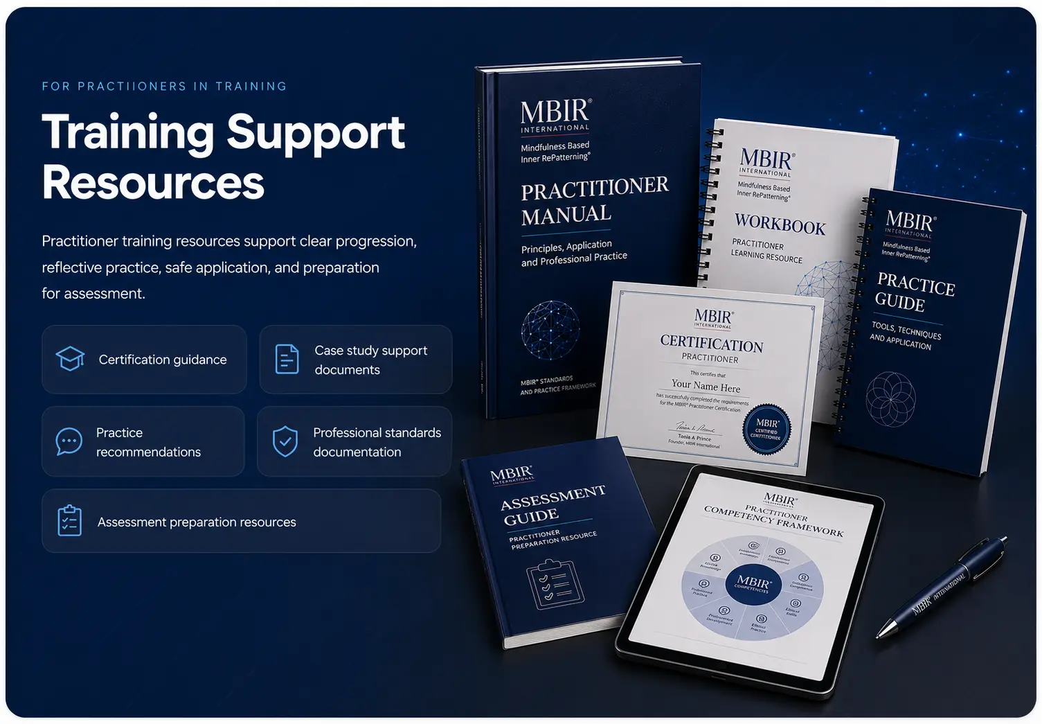 MBIR practitioner training manuals, workbook, assessment guide, certification document and competency framework