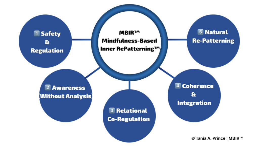 MBIR™ framework showing safety and regulation, awareness without analysis, relational co-regulation, coherence and integration, and natural re-patterning.