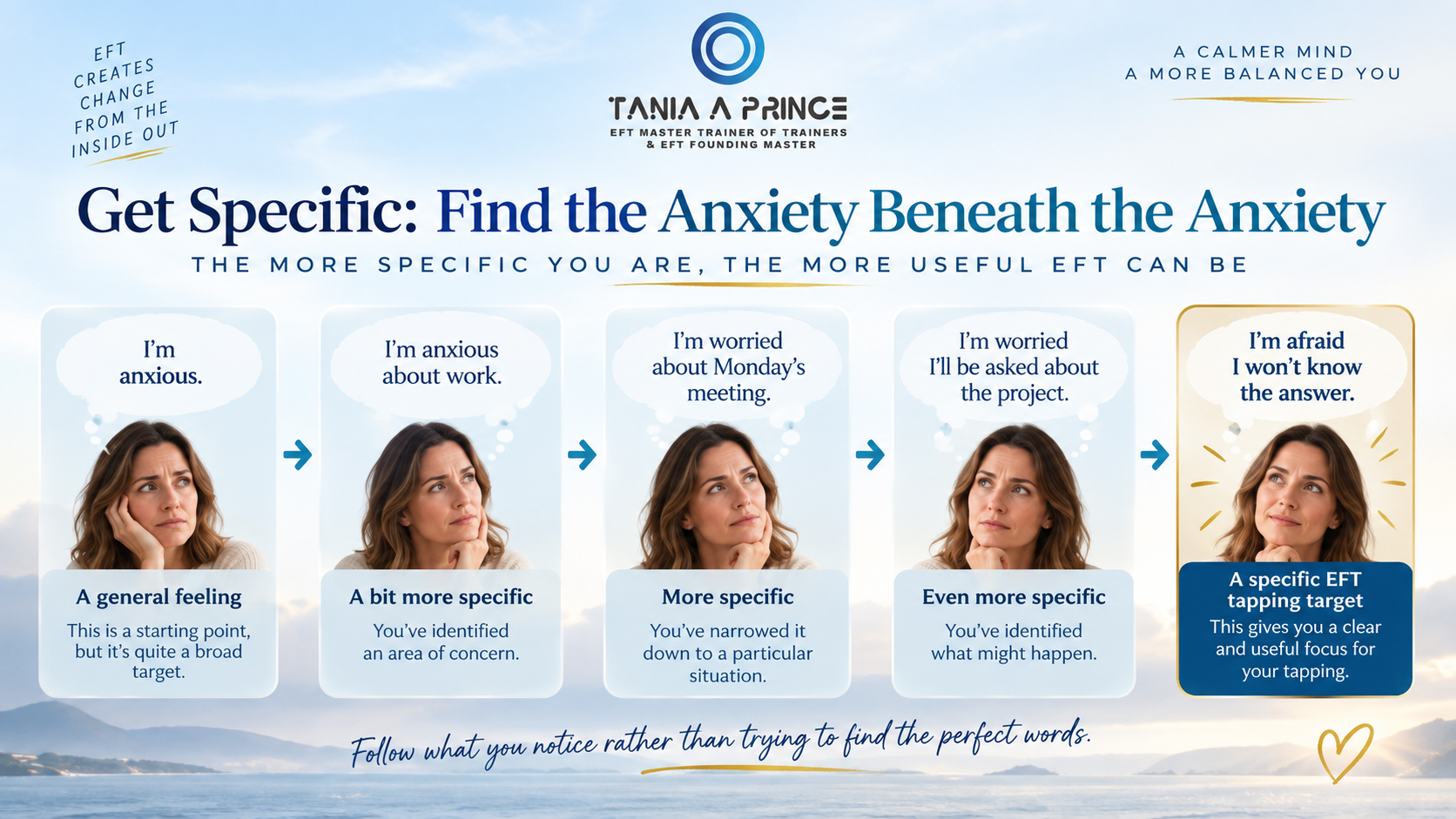 Finding a Specific EFT Tapping Target for Anxiety Example of narrowing general anxiety into a specific EFT tapping target