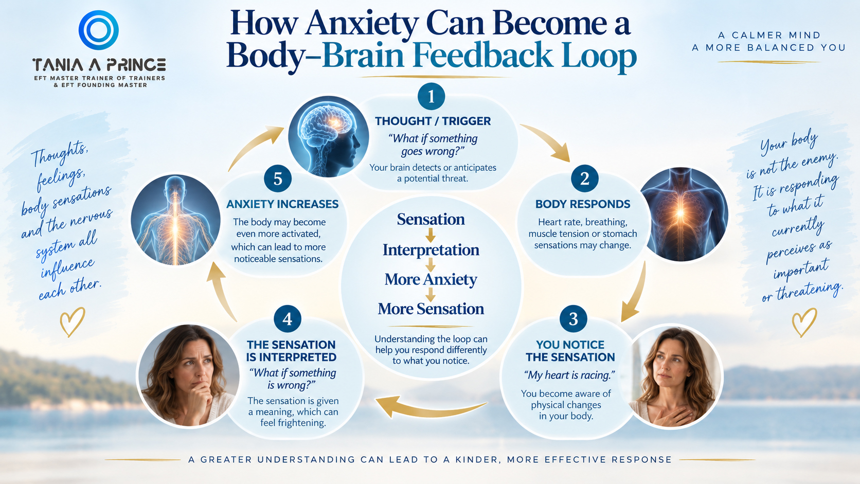 Anxiety Body-Brain Feedback Loop Diagram showing the body-brain feedback loop between anxiety, physical sensations and interpretation