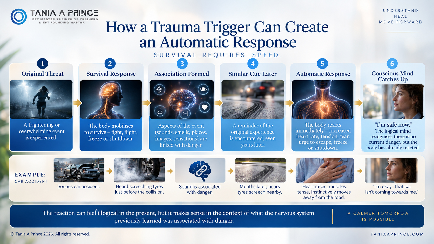 How a trauma trigger can create an automatic response, from the original threat to the conscious mind recognising safety.