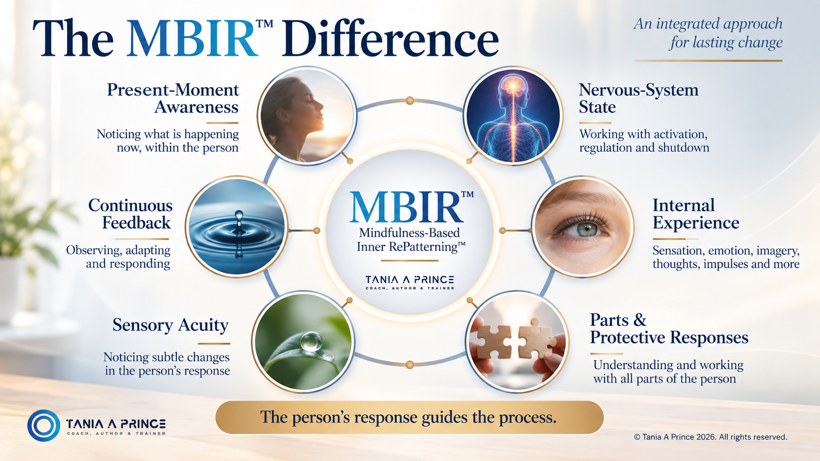 The MBIR™️ Difference showing present-moment awareness, nervous-system state, internal experience, parts and protective responses, sensory acuity and continuous feedback