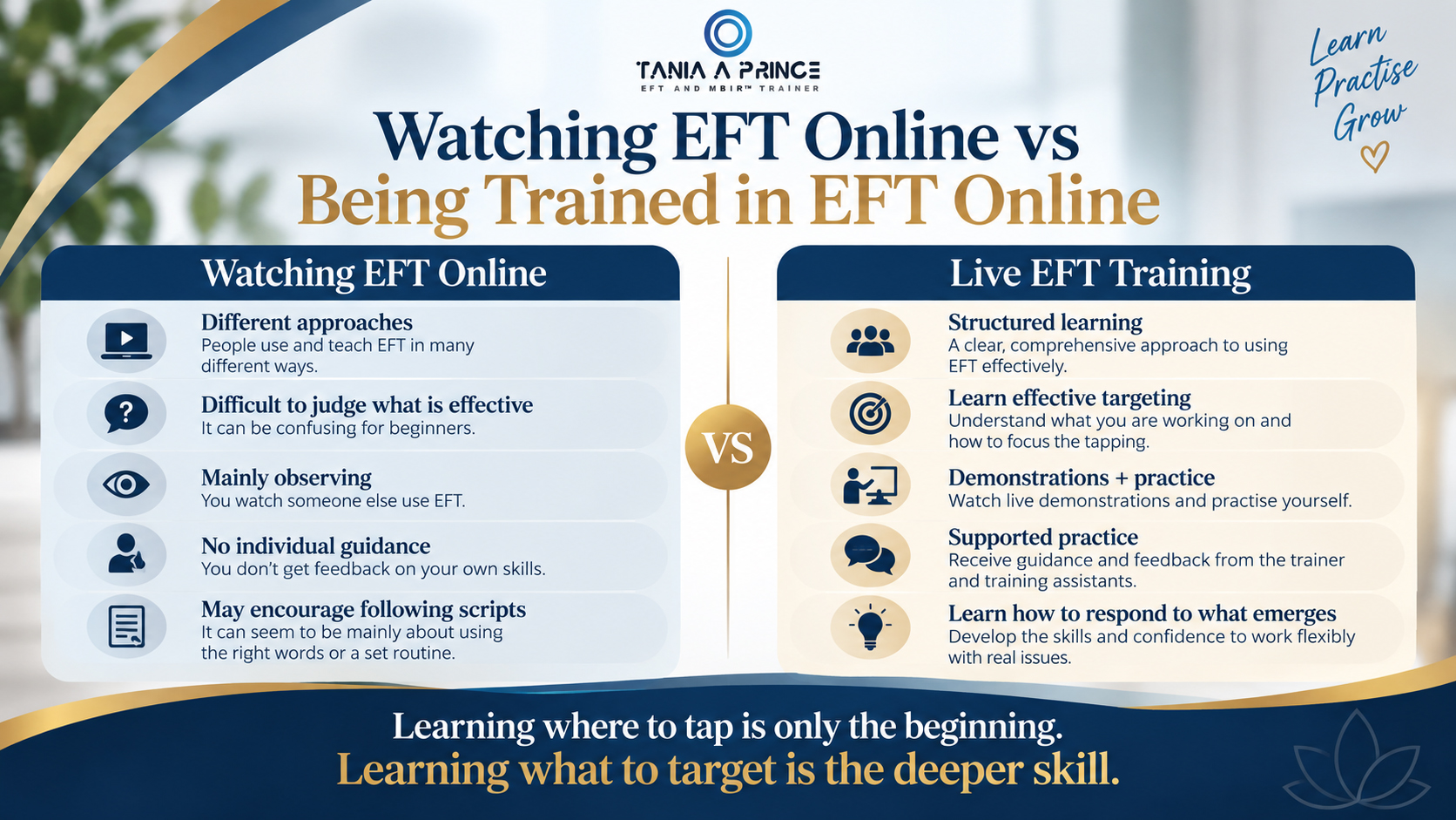 Watching EFT Online vs Being Trained in EFT Online Watching EFT online compared with live EFT training, including structured learning, effective targeting, demonstrations and supported practice