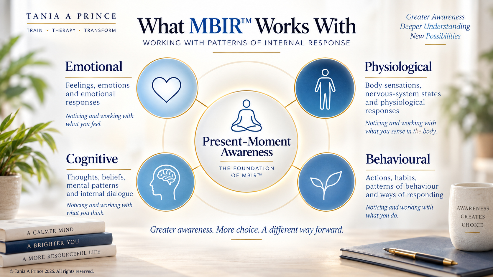What MBIR™️ works with: emotional, physiological, cognitive and behavioural patterns through present-moment awareness.