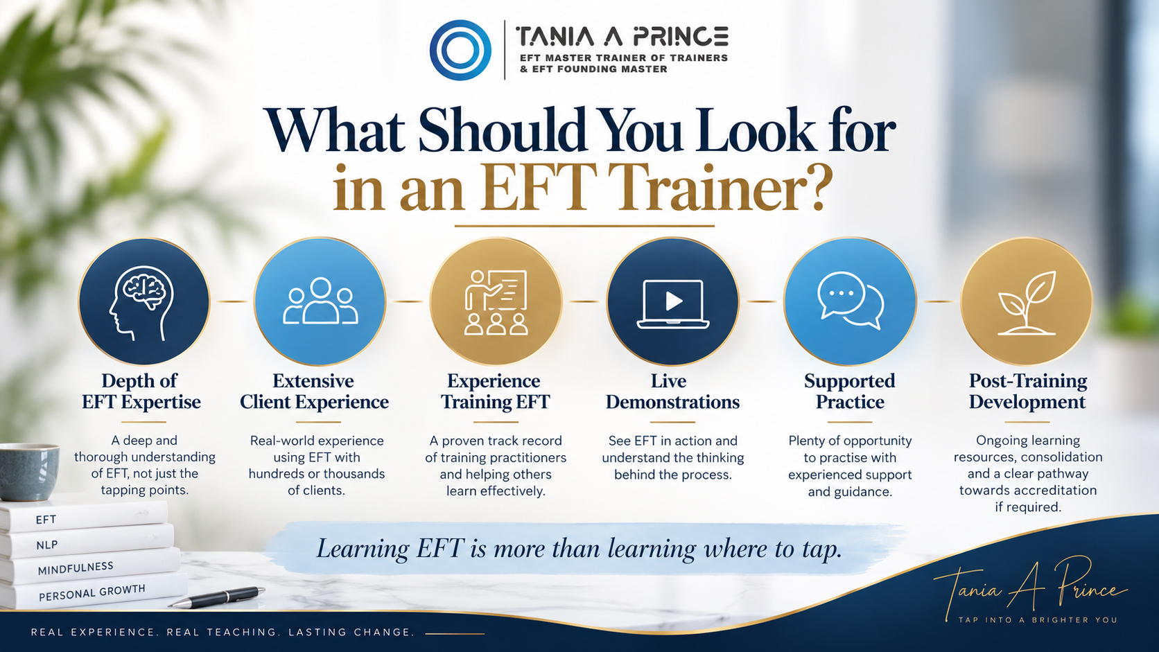 What to look for in an EFT trainer including experience, demonstrations, practice and post-training development
