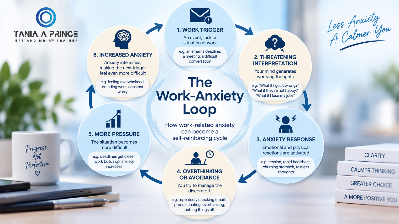 The Work-Anxiety Loop Work anxiety loop showing how work triggers, anxious thoughts, avoidance and increased pressure reinforce anxiety