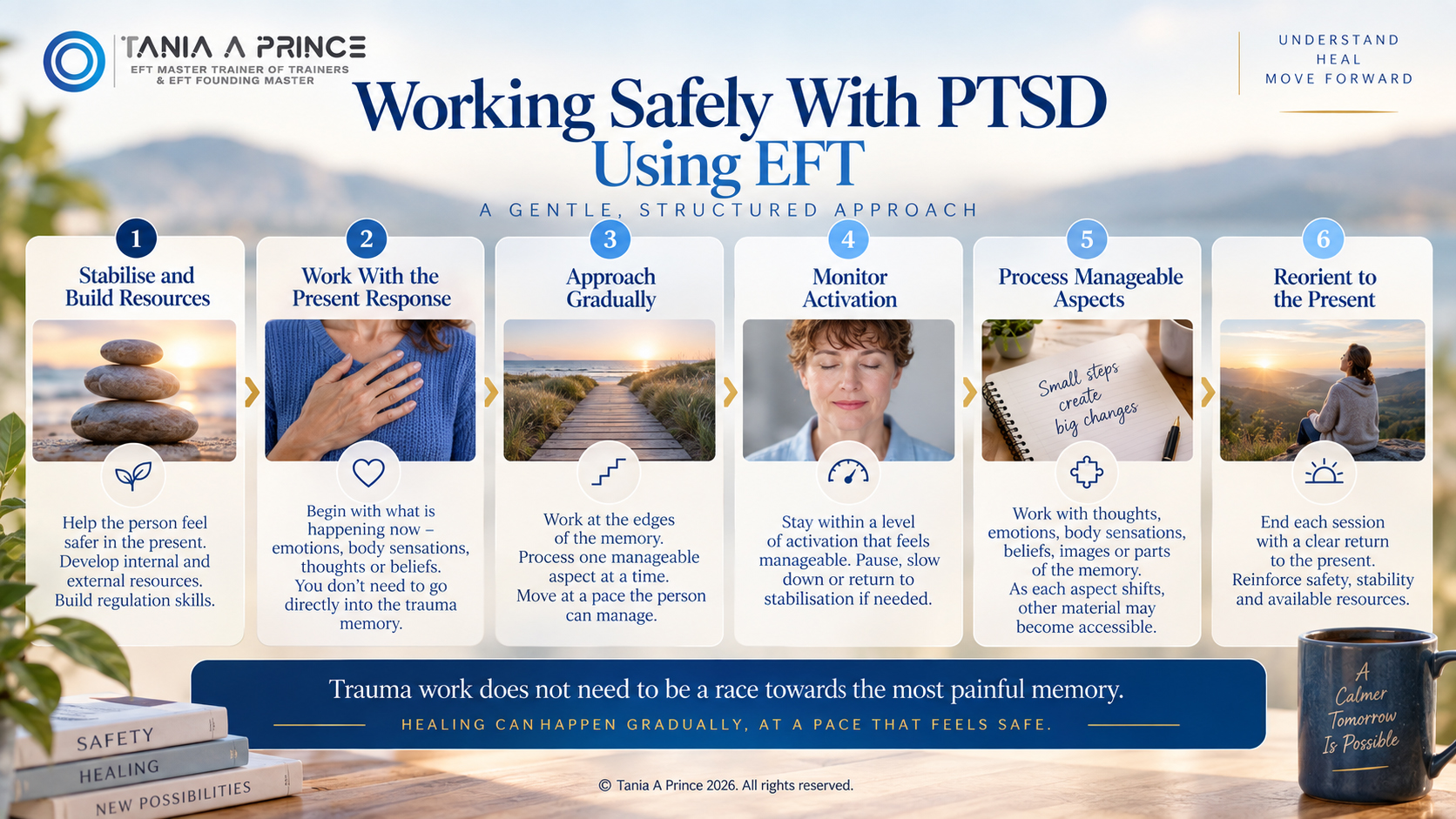Working safely with PTSD using EFT – stabilisation, gradual trauma work, monitoring activation and reorienting to the present.